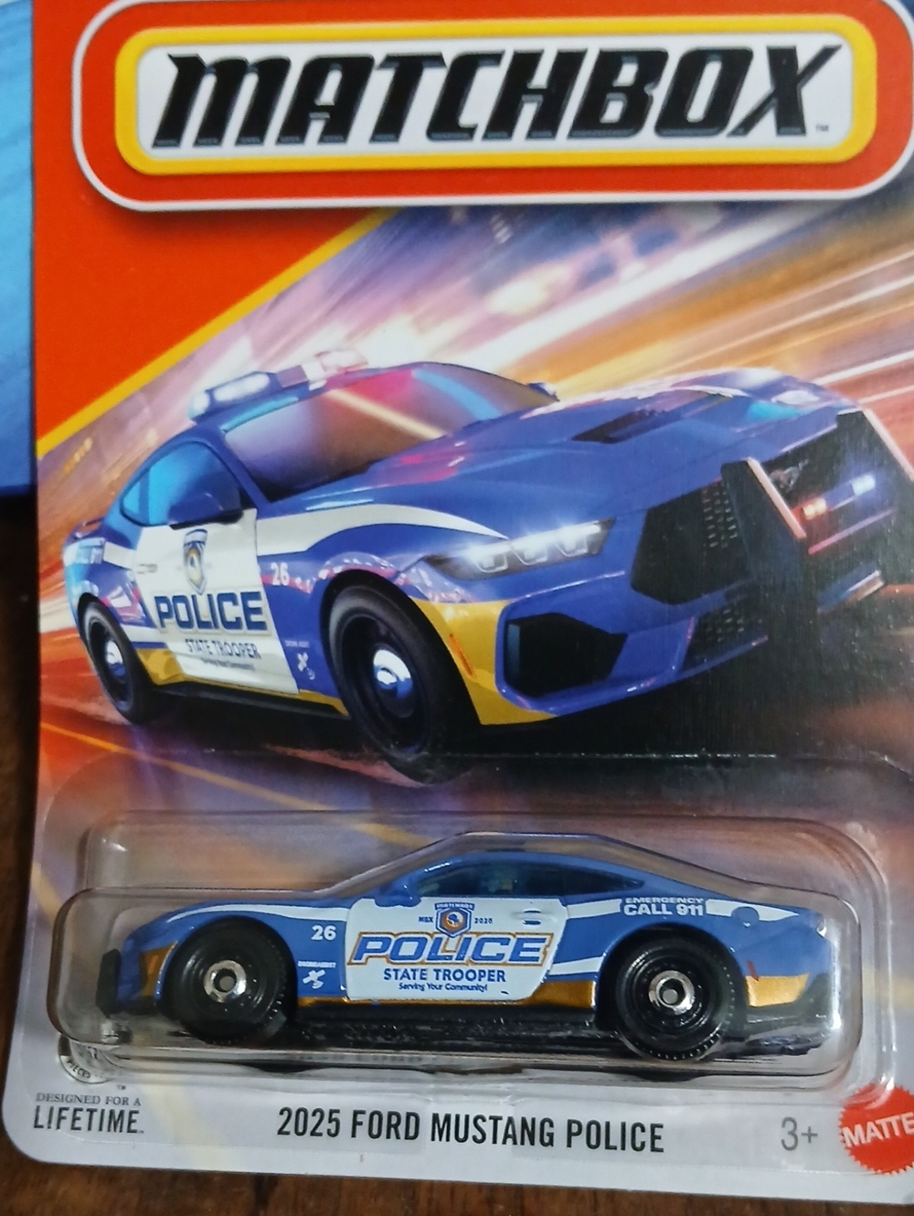Matchbox 2025 Ford Mustang Police Toy Car - Blue, White & Yellow